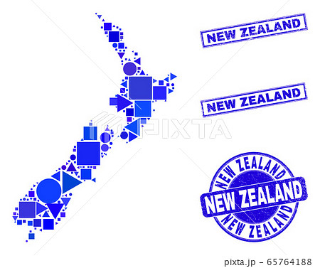 Blue Geometric Mosaic New Zealand Map and Seals 65764188