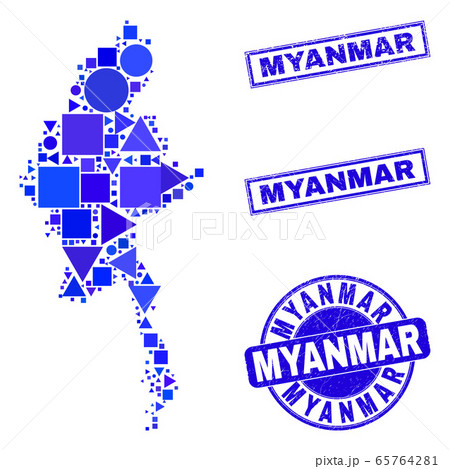 Blue Geometric Mosaic Myanmar Map and Stamps 65764281