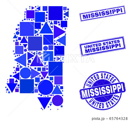 Blue Geometric Mosaic Mississippi State Map and Stamps 65764328