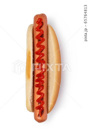 Hot dog with ketchup on white 65764813