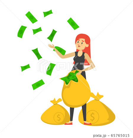 Happy rich woman holding the money bag Happy rich woman holding the money bag 65765015
