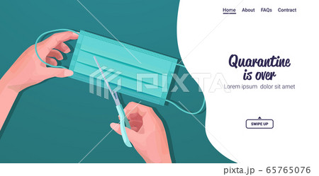 hands cutting medical mask with scissors covid-19 pandemic is over coronavirus quarantine ending concept hands cutting medical mask with scissors covid-19 pandemic is over coronavirus quarantine ending concept 65765076
