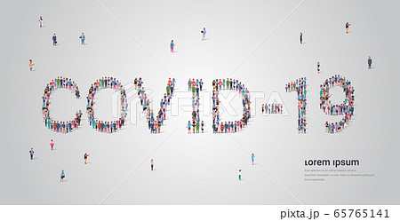 people crowd forming covid-19 lettering text pandemic coronavirus quarantine concept 65765141