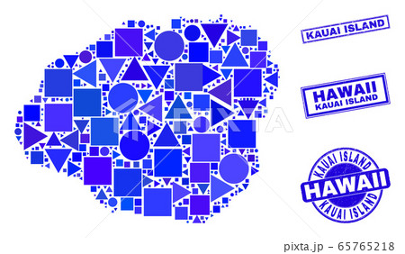 Blue Geometric Mosaic Kauai Island Map and Stamps 65765218