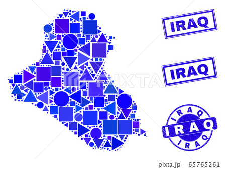 Blue Geometric Mosaic Iraq Map and Stamps 65765261