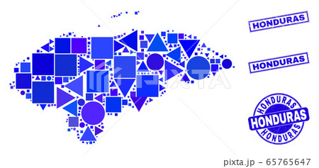 Blue Geometric Mosaic Honduras Map and Stamps 65765647