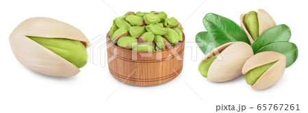pistachio with leaves isolated on white background with clipping path and full depth of field. Set r collection 65767261