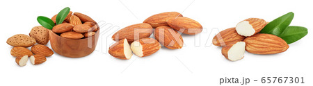 Almonds nuts with leaves isolated on white background with clipping path and full depth of field. Set or collection Almonds nuts with leaves isolated on white background with clipping path and full depth of field. Set or collection 65767301