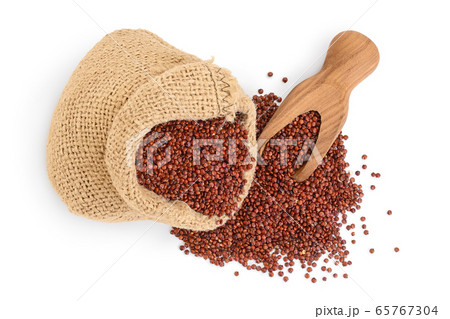 red quinoa seeds in bag isolated on white background with clipping path and full depth of field. Top view. Flat lay. 65767304