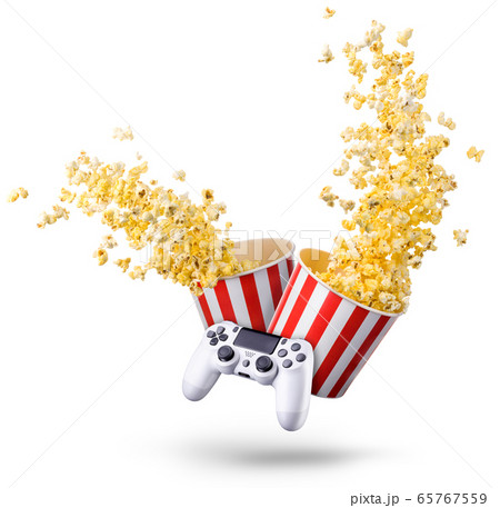 Flying popcorn and video game joystick gamepad 65767559