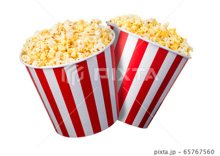 Set of paper striped buckets with popcorn isolated 65767560