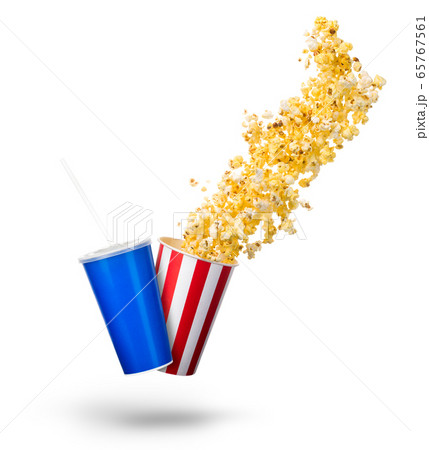 Paper striped bucket with popcorn and cup of soft 65767561