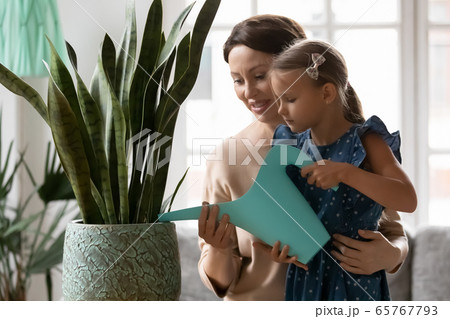 Senior grandmother and little granddaughter watering plant Senior grandmother and little granddaughter watering plant 65767793