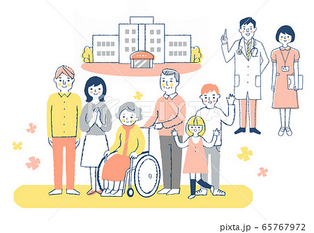 病院 車椅子のおばあちゃんと家族と医療スタッフ 病院 車椅子のおばあちゃんと家族と医療スタッフ 65767972