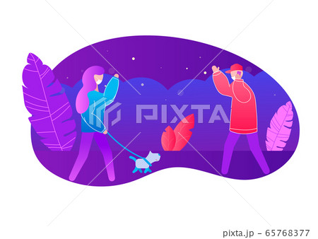 woman with dog waving hand to man wearing mask 65768377