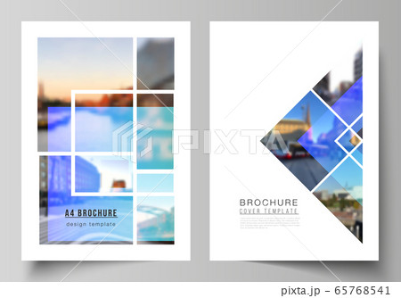 The vector layout of A4 format modern cover mockups design templates for brochure, magazine, flyer, booklet, annual report. Creative trendy style mockups, blue color trendy design backgrounds. 65768541