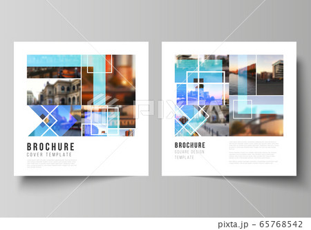The minimal vector illustration of editable layout of two square format covers design templates for brochure, flyer, magazine. Creative trendy style mockups, blue color trendy design backgrounds. 65768542
