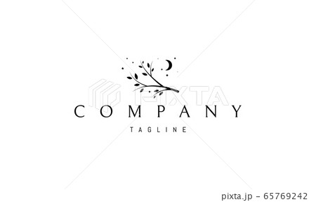Vector logo on which an abstract image of an elegant tree branch under the moon and stars. Vector logo on which an abstract image of an elegant tree branch under the moon and stars. 65769242