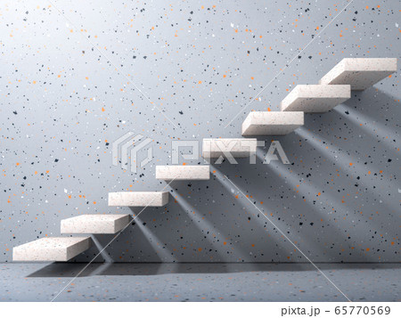 White stone stairs on gray terrazzo wall in modern interior. Business growth, progress and achievement creative concept. Minimalist 3D render 65770569