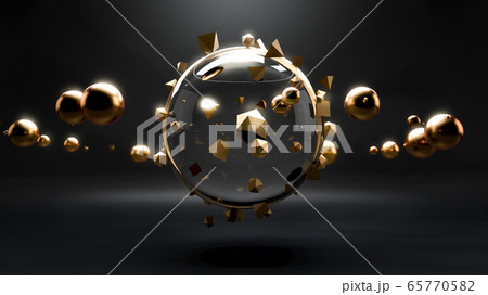 Abstract scene with golden spheres and shapes flying around glass sphere or ball in black dark room. Image for hi-tech or sci-fi advertisement. 3d render 65770582