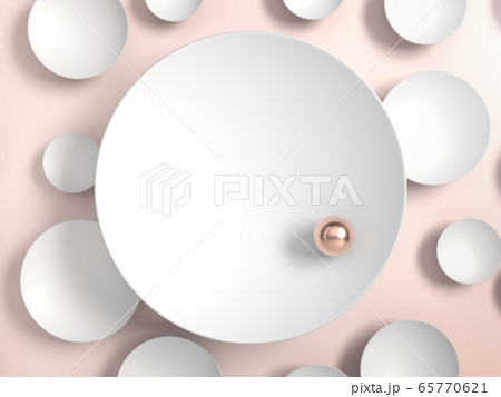 Abstract image of golden pearl on white plate or disk over pink background. 3D illustration. Background or mockup for cosmetics or fashion. Use for product identity, branding and presenting. Place 65770621
