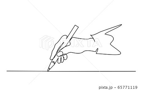Hand holding pen, pencil and drawing. Continuous one line drawing 65771119