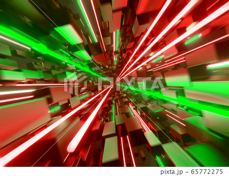 Flying through cube tunnel with glowing neon lines Flying through cube tunnel with glowing neon lines 65772275