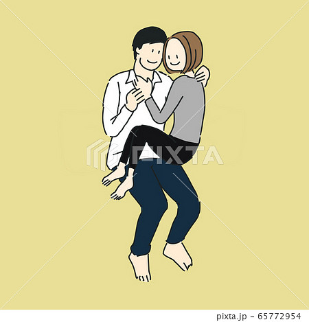 黄色い背景に男性と手を繋いで、膝の上に乗る女性、（長袖） 65772954