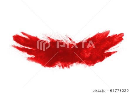 Freeze motion of red powder exploding, isolated on white background. Abstract design of red dust cloud. Particles explosion screen saver, wallpaper Freeze motion of red powder exploding, isolated on white background. Abstract design of red dust cloud. Particles explosion screen saver, wallpaper 65773029