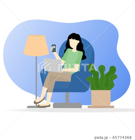 Girl sit alone at sofa near lamp and plant. Use computer for contact friend. Girl sit alone at sofa near lamp and plant. Use computer for contact friend. 65774368