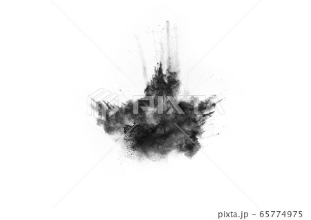Particles of charcoal on white background,abstract powder splatted on white background,Freeze motion of black powder exploding or throwing black powder. 65774975