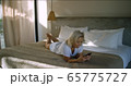 Cute woman on bed happy and excited to hear from her friend while on vacation 65775727