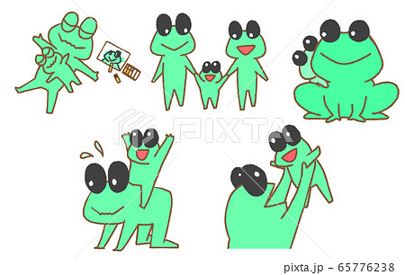 カエルの家族のイラスト集 青緑色 のイラスト素材