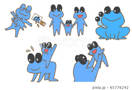 カエルの家族のイラスト集 青色 のイラスト素材