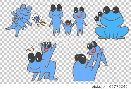 カエルの家族のイラスト集 青色 のイラスト素材