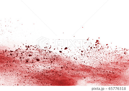 Freeze motion of red powder exploding, isolated on white background. Abstract design of red dust cloud. Particles explosion screen saver, wallpaper 65776318