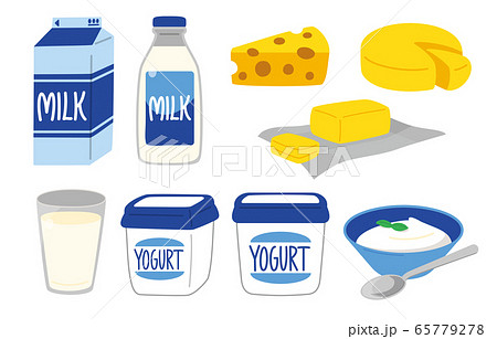 牛乳 チーズ ミルク ヨーグルト バター 乳製品 イラスト セットのイラスト素材