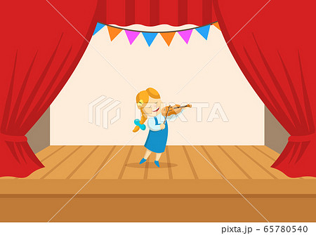 Little girl with violin on the stage of the theater. The play in the kindergarten. Flat vector illustration, isolated on white background. Little girl with violin on the stage of the theater. The play in the kindergarten. Flat vector illustration, isolated on white background. 65780540