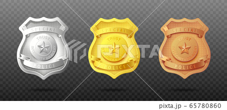 Police officers badges in three metal set realistic vector illustration isolated. 65780860