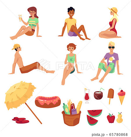 Summer picnic set with people and food icons, flat vector illustration isolated. 65780868