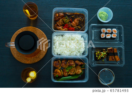 Asian food, sushi, rolls, rice and chicken 65781493