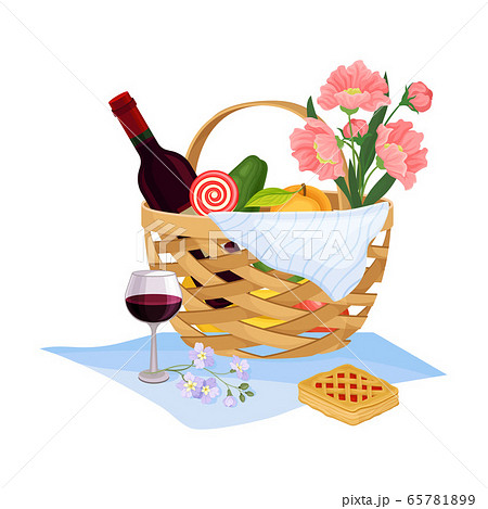Picnic Wicker Hamper with Foodstuff for Eating Outdoors Vector Illustration 65781899