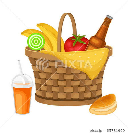 Picnic Wicker Hamper with Foodstuff for Eating Outdoors Vector Illustration 65781990