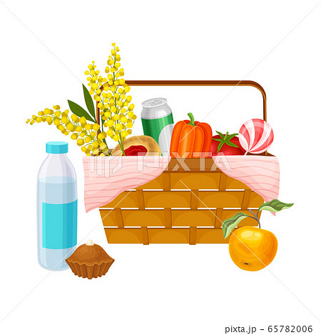 Picnic Wicker Hamper with Foodstuff for Eating Outdoors Vector Illustration 65782006