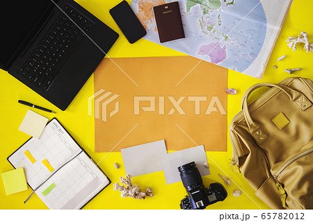 Beach outfit Accessories On bright yellow background - Summer Holiday Banner, Map, Beach tourism Beach outfit Accessories On bright yellow background - Summer Holiday Banner, Map, Beach tourism 65782012