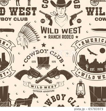 Cowboy club seamless pattern, background. Vector. Seamless pattern design with wild west cowboy, canyon and western rifle silhouette. Cowboy club texture Cowboy club seamless pattern, background. Vector. Seamless pattern design with wild west cowboy, canyon and western rifle silhouette. Cowboy club texture 65783973