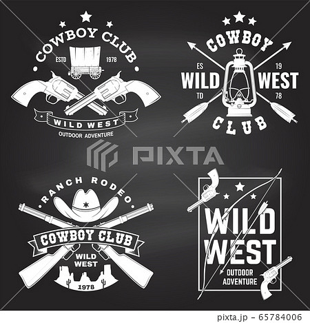 Set of cowboy club badge on chalkboard. Vector. Concept for shirt, logo, print, stamp, tee with cowboy and shotgun. Vintage typography design with wild west and western rifle silhouette. Set of cowboy club badge on chalkboard. Vector. Concept for shirt, logo, print, stamp, tee with cowboy and shotgun. Vintage typography design with wild west and western rifle silhouette. 65784006