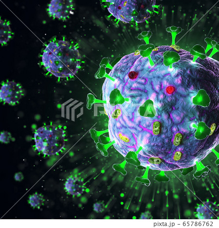 3d render of pathogenic virus organism or bacteria infecting and causing disease. Close up from microscope of coronavirus. 65786762