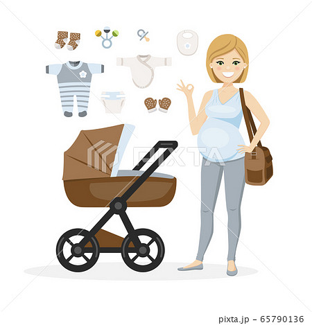 Pregnant woman and baby boy care items. Vector 65790136