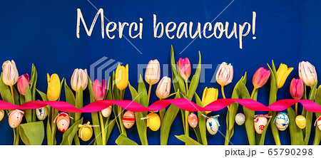 Banner With Colorful Tulip, Merci Beaucoup Means 65790298